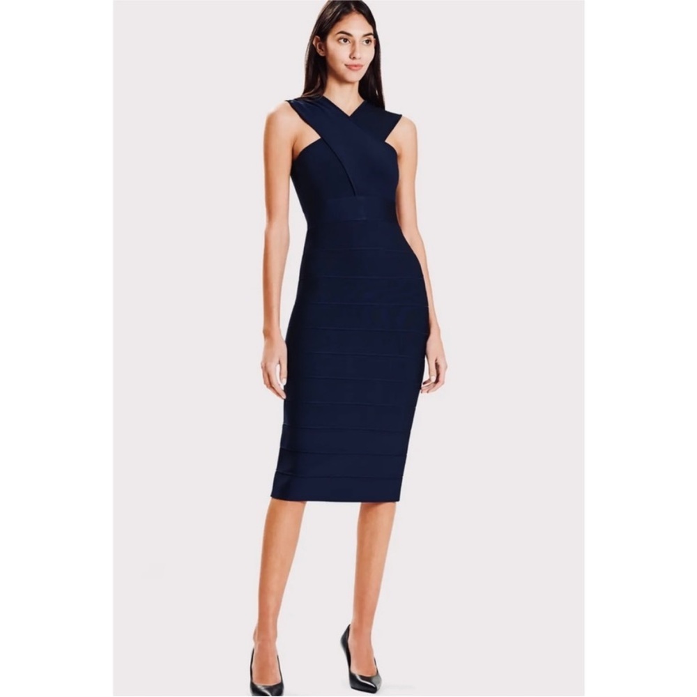 Herve Leger bandage cross front halter midi dress